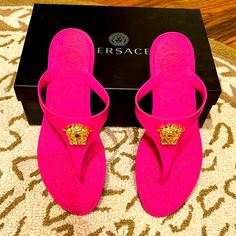 Brand New Sold Out Comes With Box, Dust Bag, Proof Of Purchase From Neiman Marcus Hot Pink Versace Rubber Sandals Size 38 Pink Versace, Hot Pink Shoes, Versace Sandals, Rubber Slippers, Pretty Heels, Versace Pink, Versace Shoes, Rubber Sandals, Fashion Slippers