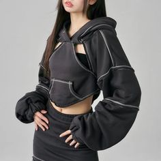 'Raven' Cropped Irregular Cutout Hoodie - AlielNosirrah Minimalist Futuristic Fashion, Trendy Cotton Winter Crop Top, Trendy Cotton Crop Top For Winter, Trendy Winter Cotton Crop Top, Spring Cotton Techwear Sweatshirt, Spring Techwear Style Cotton Sweatshirt, Spring Cotton Sweatshirt In Techwear Style, Spring Techwear Cotton Sweatshirt, Y2k Crop Top For Fall Streetwear