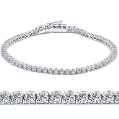 This classic style tennis bracelet features 72 round brilliant cut natural diamonds. All diamonds are prong set in 14k white gold. The bracelet is secured by a double locking clasp. 3.00ct total diamond weight. Measure a standard 7 inch length. Diamond Tennis Bracelet, Vs Diamond, Fine Jewelry Bracelets, Pompeii, Tennis Bracelet Diamond, G H, Screw Back Earrings, Diamond Bracelets, Tennis Bracelet