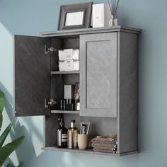 a bathroom cabinet that has some items in it and is hanging on the wall next to a potted plant