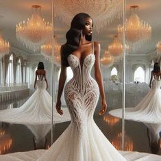 a woman in a wedding dress standing in front of a mirror