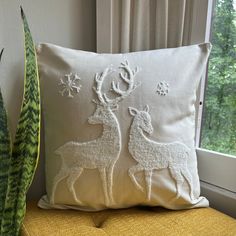 Winter Deer Embroidered Pillow Cover Neutral Holiday Decor, Holiday Pillows Covers, Winter Deer, Rustic Holiday Decor, Embroidered Throw Pillows, White Pillow Covers, Embroidered Pillow Covers, Outdoor Pillow Covers, Christmas Pillows