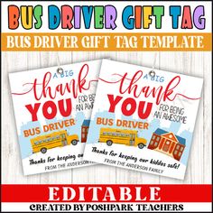 two bus driver gift tags with the words thank you