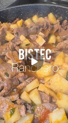 a pan filled with meat and vegetables on top of a stove next to the words bistec ranchero