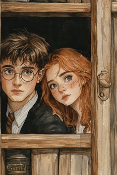 a painting of harry potter and hermione's hogwarts, looking out the window