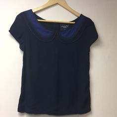 Brand New With Tag American Eagle Blouse. Xs Elegant Navy Short Sleeve Tops, Fitted Blue Crew Neck Blouse, Fitted Blue Blouse With Crew Neck, Blue Fitted Tops For Workwear, Elegant Blue Crew Neck Top, Blue Fitted Tops For Work, Chic Blue Crew Neck Blouse, Navy Top With Collar For Work, Chic Blue Short Sleeve Tops