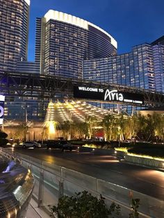 the entrance to aria hotel and casino in las vegas, nv is lit up at night