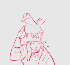 a drawing of a man with a chicken on his head