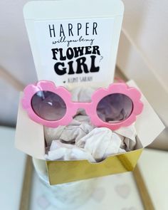 The CUTEST flower shaped sunglasses for your sweet Flower girl! These are the perfect way to ask your Flower Girl to help you on your special day or to gift to her as a thank you gift on the wedding day! You can personalize the card that comes attached to the box at the check out window! With your purchase you receive: 1 Pair of Flower Sunglasses (pink, white, orange and translucent!) 1 Card attached to the box 1 Box (Color of your choice-choose at check out window!) 1 piece of tissue paper THE Pink Personalized Sunglasses For Gift, Personalized Pink Sunglasses As A Gift, Fun Pink Sunglasses For Gift, Cute Customizable Sunglasses For Gift, Pink Plastic Sunglasses As Gift, Adjustable Pink Sunglasses As Gift, Pink Sunglasses As A Gift, Flower Girl Flower, Flower Sunglasses