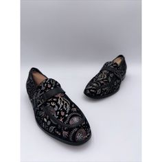 Elevate Your Formal Attire With These Robert Graham Men&Apos;S Robola Embroidered Loafers In Black. The Solid Pattern, Black Color, And Embroidered Accents Make These Oxford Style Dress Shoes A Perfect Fit For Any Occasion. The Shoes Are Crafted From High-Quality Suede And Leather Lining, Insole, And Outsole Materials That Ensure Comfort And Durability. The Penny Model, With Its M Shoe Width, Is Designed To Fit Most Men&Apos;S Feet Comfortably. Whether You&Apos;Re Dressing Up For A Wedding Or A Business Meeting, These Dress Shoes Will Add A Touch Of Sophistication To Your Outfit. - Leather And Suede Of Both Shoe Has Small Scratches And Creases All Around Embroidered Loafers, Oxford Style, Robert Graham, Business Meeting, Formal Attire, Solid Pattern, Style Dress, Black Suede, Derby