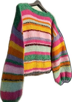 Cozy Multicolor Crew Neck Outerwear, Winter Multicolor Chunky Knit Sweater, Multicolor Knitted Cropped Sweater, Multicolor Knitted Long Sleeve Cropped Sweater, Multicolor Long Sleeve Knitted Cropped Sweater, Casual Multicolor Knitting Pattern For Fall, Multicolor Relaxed Fit Long Sleeve Sweater, Multicolor Long Sleeve Relaxed Fit Sweater, Oversized Hand Knitted Sweater