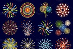 colorful fireworks on a dark blue background with stars and swirls in the middle, set of