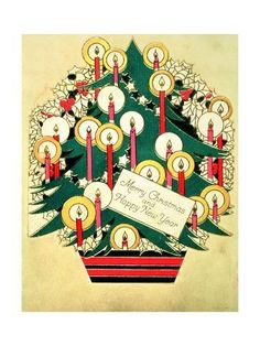 an old fashioned christmas card with candles