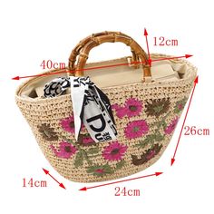 Lavinia Floral Embroidery Straw Baskets - 3 Colors. Crochet knit style basket bag with bamboo handles and colorful floral embroidery. Add festive colors, bohemian and flower power to your traditional basket bags. Ribbon not included. SIZE: W-Top 40 cm / Bottom 24cm x H 26cm x D14 cm Gender: WOMEN Item Type: Handbag, Straw Bag, Top handle bag Style: Bohemian Shape: Half Moon Pattern Type: Floral Main Material: Straw, Bamboo Lining Material: Cotton Decoration: Embroidery Closure Type: Zipper Ribbon Basket, Straw Baskets, Rattan Handbags, Traditional Baskets, Cotton Decorations, Straw Basket, Moon Pattern, Luggage Sizes, Flower Style