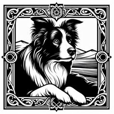 a black and white drawing of a border collie in a frame with mountains behind it