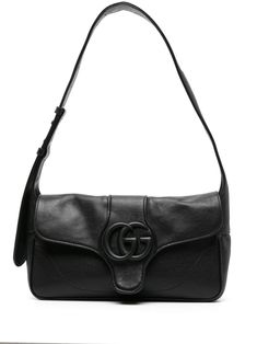 black calf leather grained texture piped-trim detailing signature Interlocking G logo plaque foldover top with magnetic fastening adjustable shoulder strap main compartment internal logo stamp internal zip-fastening pocket suede lining Gucci Black Purse, Gucci Aphrodite Bag, Black Gucci Purse, Gucci Purse, G Logo, Chanel 2, Iconic Bags, Black Purses, Gucci Black