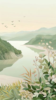 an image of a landscape with birds flying over the water and hills in the background