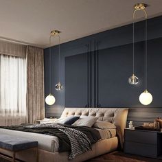 a bedroom with blue walls and wooden floors, two lamps hanging from the ceiling above the bed