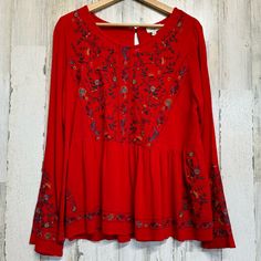 Umgee Red Floral Embroidered Long Sleeve Top! Size S Measurements Approx Armpit To Armpit 21 In. Length 26 In. Red Bohemian Embroidered V-neck Top, Red Embroidered V-neck Blouse, Traditional Red Long Sleeve Top, Red Embroidered Blouse, Red V-neck Blouse With Floral Embroidery, Casual Red Tops With Embroidered Hem, Red Festive Blouse For Fall, Festive Red Blouse For Fall, Red Blouse For Festive Fall Occasions