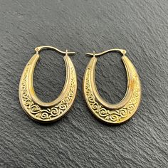 Vintage 10ct Gold Gilded Sterling Silver Floral Hoop Earrings, Stamped 925 10K, Max Length 32mm, Max Diameter 22.4mm, Depth 5.5mm, Total Weight 1.98 Grams, Secure Lever Closure, Lovely Condition Traditional Engraved Round Hoop Earrings, Traditional Engraved Hoop Earrings, Traditional Yellow Gold Nickel-free Hoop Earrings, Gold Etched Round Earrings, Oval Pierced Hoop Earrings For Anniversary, Oval Hoop Earrings For Anniversary, Engraved Hoop Earrings As Gift, Engraved Hoop Earrings For Anniversary, Engraved Oval Earrings For Anniversary