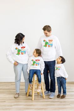 Dino Birthday Boy Family Matching Sweatshirt, Birthday Boy Family Sweater, Family Matching, Mom Dad Sister And Brother Matching Crewneck 🌾Welcome to "Boutique Grace Sweatshirt & Hoodie store"... I will be presenting sweatshirts and hoodies, which are indispensable for your autumn and winter days, with special and different designs in my store.🌾 🌾Product Features ✔️Gildan® Heavy Blend™ Unisex Sweatshirt  ✔️50% Cotton / 50% Polyester ✔️Preshrunk fleece knit ✔️Classic Fit ✔️ Air jet yarns = soft Fun Long Sleeve Tops For Birthday, Long Sleeve Tops With Cartoon Print For Birthday, Graphic Print Long Sleeve Top For First Birthday, Family Matching Long Sleeve Birthday T-shirt, White Casual Sweatshirt For Birthday, Casual White Sweatshirt For Birthday, White Letter Print Sweatshirt For Birthday, White Long Sleeve Tops For First Birthday, Matching Crewneck