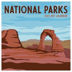 the national parks poster is shown in red, blue and brown colors with an arch shaped rock formation