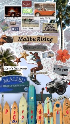 a collage of surfboards and photos with the words mahiu rising written on them