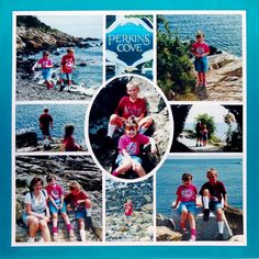 a collage of photos with people on the beach and in the water at perkins cove