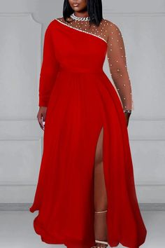 Xpluswear Design Plus Size Wedding White Round Neck Long Sleeve Split Pearls Maxi Dresses [Pre-Order] Red Prom Dress Sleeves, Plus Size Dresses To Wear To A Wedding As A Guest, Formal Dresses For Weddings Guest, Red Dress Semi Formal, Red Cocktail Dress Classy, Royal Blue Wedding Guest Dress, Wedding Dress For Guest, Plus Size Evening Wear, Plus Size Red Dress