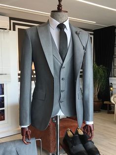 Bojoni Grey Slim-Fit Suit 3-Piece | BOJONI Blazer Waistcoat, Grey Slim Fit Suit, Stylish Mens Suits, Black Suit Men, Gentleman Outfit, Slim Fit Suit Men, Suits Men Business, Classy Suits, Dress Suits For Men