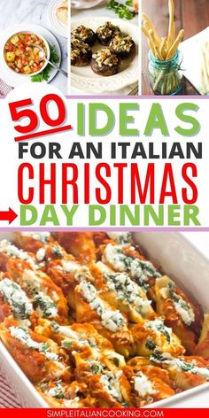 the cover of 50 ideas for an italian christmas dinner, with pictures of different dishes