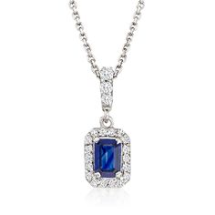 Ross-Simons - .70ct Sapphire Pendant Necklace, .18ct t. w. Diamonds in Gold. 16". When it comes to sophisticated gems, sapphire just may take the title! Here, a velvety blue emerald-cut sapphire of .70 carats is beautifully amplified by the snowy sparkle of .18 ct. t. w. round brilliant-cut diamonds that continue up the bale. Set in polished 18kt white gold and suspended from a cable chain. Lobster clasp, diamond and sapphire pendant necklace. Sapphire birthstones are the perfect gift for Septem Blue Diamond Cut Necklace For Anniversary, Emerald Cut Sapphire Gemstone Necklace, Anniversary Sapphire Pendant Diamond Necklace, Formal Sapphire Diamond Necklace With Diamond Cut, Formal Sapphire Diamond Cut Necklace, Formal Sapphire Diamond Necklace With Brilliant Cut, Timeless Gia Certified Sapphire Jewelry, Sapphire Diamond Necklace For Anniversary, Brilliant Cut Sapphire Necklaces Fine Jewelry