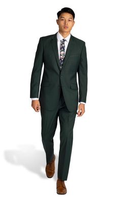 Green Notch Lapel Suit | Friar Tux Elegant Tailored Dark Green Blazer, Elegant Green Suit With Notch Lapel, Green Single Breasted Suits For Business Casual, Fitted Dark Green Business Suit, Dark Green Semi-formal Elegant Suit, Elegant Dark Green Semi-formal Suit, Green Formal Suit With Welt Pockets, Tailored Dark Green Business Suit, Classic Green Business Casual Suits