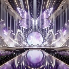 an artistic scene with purple and white butterflies on the ceiling, reflecting light in the water