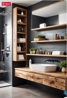 a bathroom with wooden shelves and white sink in the center, surrounded by greenery