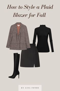 How to Wear a Plaid Blazer - A Classy Guide - By Lisa Fonde Brown Plaid Blazer, Tweed Jacket Outfit, Black Flared Jeans, Outfit Ideas For Fall, Full Outfits, Burgundy Boots, Overall Outfit, White Turtleneck, Dark Denim Jeans