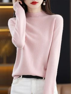 Casual Long Sleeves Solid Color Half Turtleneck Sweater Tops Green Solid Color Top For Winter, Green Solid Color Winter Top, Trendy Plain Winter Tops, Winter Crew Neck Plain Sweater, Plain Pink Tops For Fall, Spring Plain Sweater, Green Fall Top, Winter Crew Neck Tops For Workwear, Solid Color Crew Neck Winter Tops