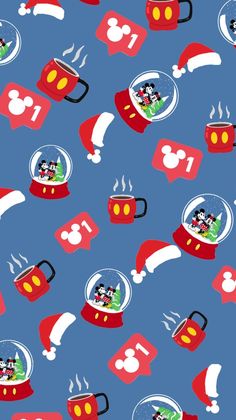 the mickey mouse pattern is blue with red and white snow globes on it's sides