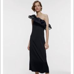 Zara Black Organza Satin Effect Dress Brand New With Tags. Never Worn. Size Medium. Perfect For A Wedding Guest Black One-shoulder Dress With Ruffles, Black One-shoulder Maxi Dress For Dinner, Black Ruffled Midi Dress For Evening, Elegant Black One-shoulder Dress, Black One-shoulder Midi Dress For Evening, Black Midi Dress For Spring Dinner, Spring Black Midi Dress For Dinner, Chic Black Evening Dress For Spring, Chic Black Spring Evening Dress