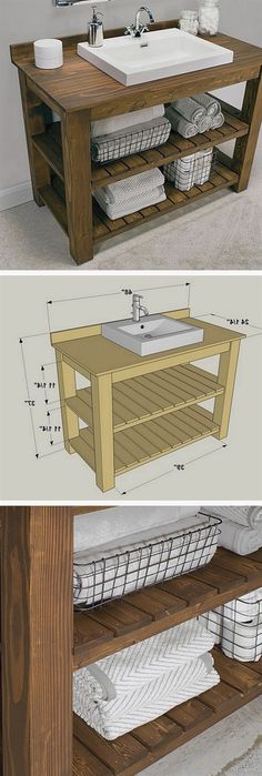 two pictures showing the different parts of a sink and counter top with baskets under it