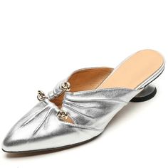 TSS69 Leather Slippers Sandals - Women's Casual Shoes - Touchy Style Closed Toe Summer Mules With Metal Feet, Summer Mules With Metal Feet And Round Toe, Summer Closed Toe Mules With Metal Feet, Silver Flat Heels For Summer, Elegant Summer Slip-on Kitten Heels, Spring Mules With Metal Feet, Silver Closed Toe Kitten Heels For Formal Occasions, Trendy Silver Heels With Round Toe, Trendy Silver Sandals For Formal Occasions