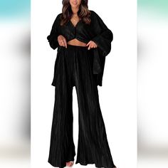 Womens Loungewear Set 2 Piece Sweatsuits Outfits Casual Pleated Long Sleeve Button Down Shirt And Palazzo Pants Chic Black V-neck Sets, Chic Black Long Sleeve Set, Black Two-piece Long Sleeve Set, Black Matching Set With Long Sleeves, Black Long Sleeve Matching Set, Black Long Sleeve Loungewear Pant Set, Black Wide Leg Loungewear Set, Black Long-sleeved Pant Set For Work, Black Long Sleeve Pant Set For Workwear