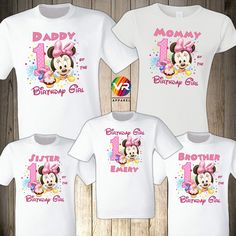 three shirts with minnie mouse on them and the number one for each child's first birthday