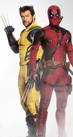 two men dressed as deadpool and wolverine from the television series, deadpool is standing next to each other