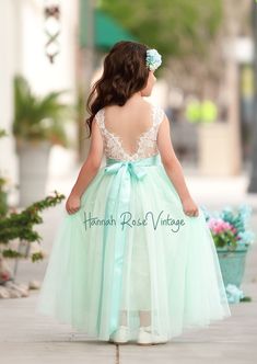 AQUA SLEEVELESS TULLE & FEATHERED LACE FLOWER GIRL DRESS - Hannahrosevintageboutique.com Mint Tulle Skirt, Lavender Flower Girl Dress, Flower Girl Hair Bows, Vintage Flower Girls, Baptism Dresses, Rustic Flower Girl, Mint Flower, Rustic Flower Girl Dress, Sleeveless Flower Girl Dresses