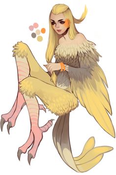 a drawing of a woman with long blonde hair sitting on top of a large bird