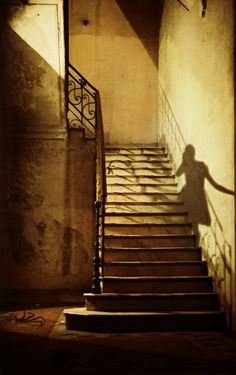 the shadow of a person standing at the top of some stairs