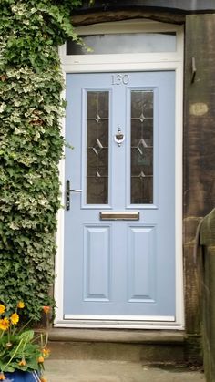 a blue front door with two glass panes on the side of it and some flowers