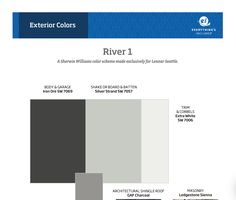 the color scheme for river 1 is shown in blue, gray and white colors with text that reads exterior colors