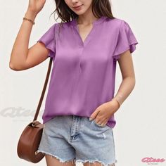 Qteee - Sophisticated Pearl Lustrous Satin Short-Sleeve Dress Shirt Feminine Short Sleeve Solid Color Blouse, Chic Purple Short Sleeve Tops, Trendy Purple Short Sleeve Blouse, Feminine Purple Blouse With Short Sleeves, Purple Short Sleeve Blouse For Day Out, Purple Stretch Casual Blouse, Casual Stretch Purple Blouse, Elegant Purple Top For Day Out, Purple Flutter Sleeve Top For Summer